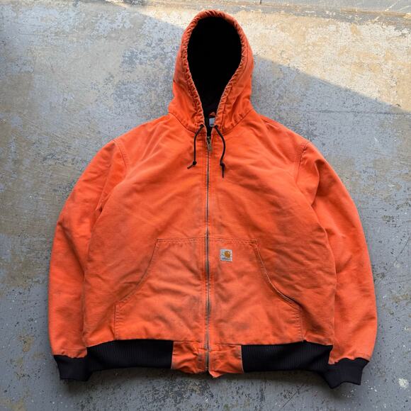 Vintage Carhartt Blaze Orange Active Hooded Work Jacket J140BLZ Made In USA XL - Picture 1 of 7